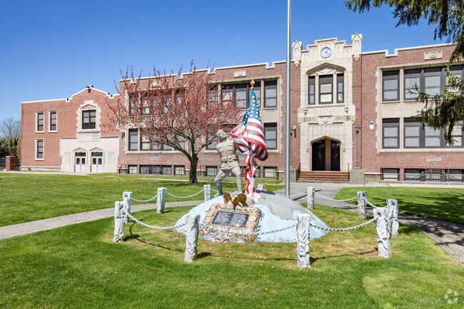 A veterans memorial statue can be found outside of Eastport Elementary School.