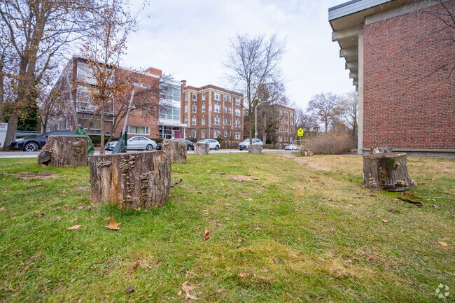 Take a seat on a stump outside of Graham & Parks School in Neighborhood Nine.