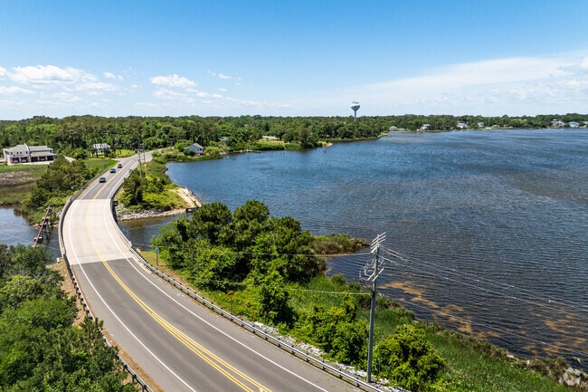 Aerial view looking toward Colington Harbour reveals a quiet canal-laced community tucked along the Outer Banks sound.