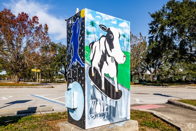 A visit to the Milk District isn’t complete without spotting the iconic cow mural at Orlando Festival Park.