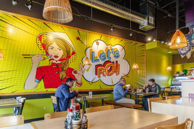 Rolls and Bowls in Founders serves ramen and features a colorful interior.