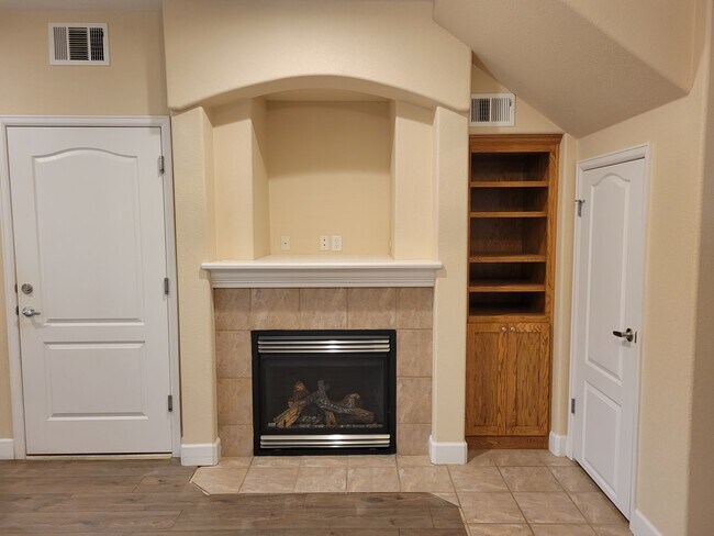 Fireplace, bookshelf & coat closet