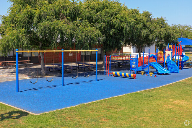 There are colorful playgrounds at Los Coyotes Elementary School.