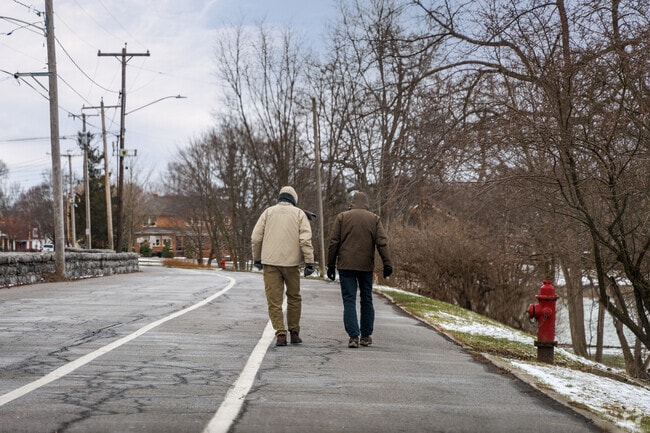 Lower Onondaga Park features a reflecting pool, stone bridge, and walking paths.