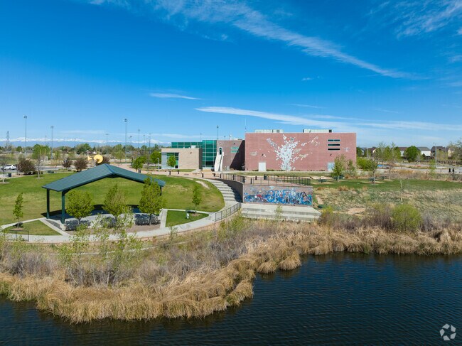 The pavilion and lake view are beautiful at Parkfield Lake Park in Montbello.