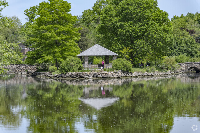 The stone gazebo at Binney Park is a popular lunch stop for people in Riverside, CT to picnic.