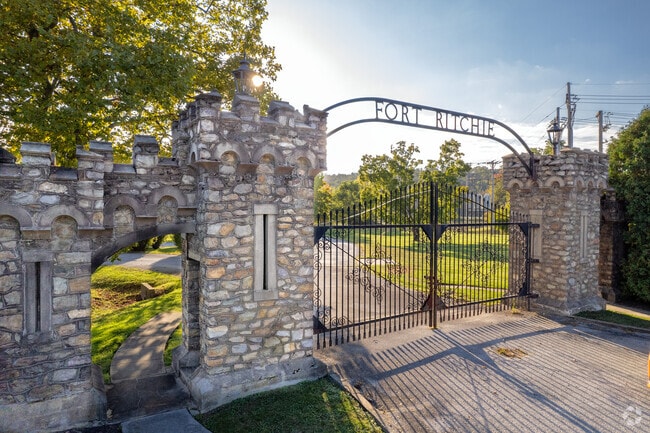 The original gates to Ft. Ritchie mark entrances to the developing neighborhood.