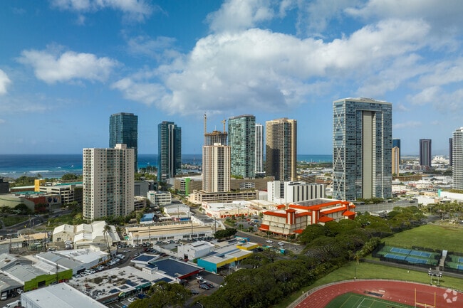 Clusters of highrises populate the neighborhood of Kaka'ako
