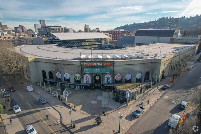 Full front view of Providence Park stadium and the entrance.