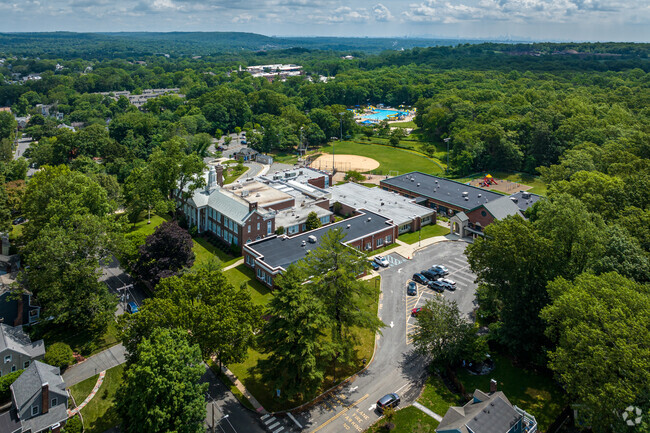An aerial view of the campus and lush surrounds at Jefferson Elementary School in Summit, NJ.