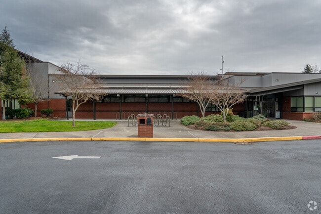 Front entrance and student bike parking.