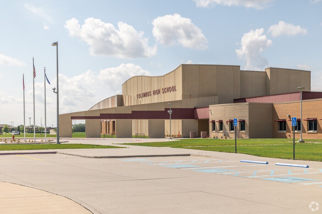 A welcoming entrance is seen at Columbus High School in Columbus.