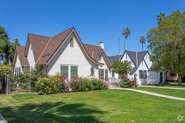 Tudor Revival style homes with beautiful landscaping in the Huntington neighborhood of Fresno.