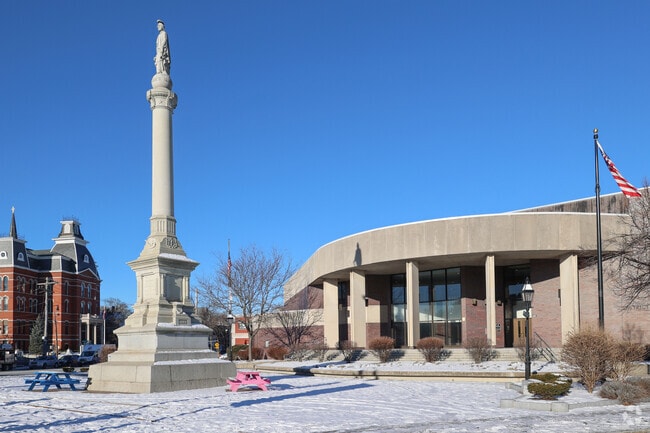The Peabody Soldier's' and Sailor's monument reaches up to the sky in West Peabody.