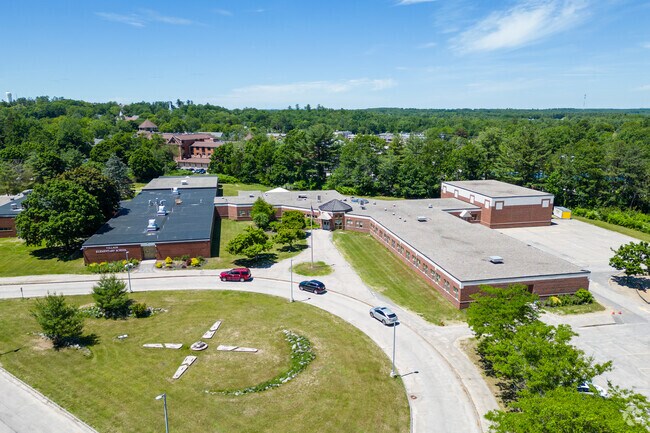 Aerial view of the front of the Village Elementary School in Gorham.