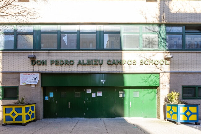 P.S. 161 Pedro Albizu Campos front entrance and student drop off in Central Harlem.