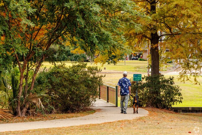 A man walks his dog at Girard Park.