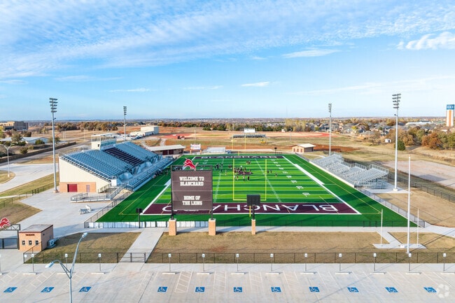 The football stadium at Blanchard High School is immaculate.
