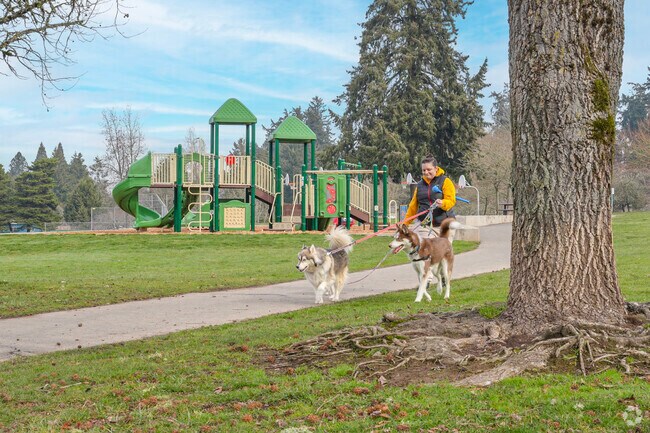 Hazeldale Park features a playground and an off-leash dog park for Aloha residents.