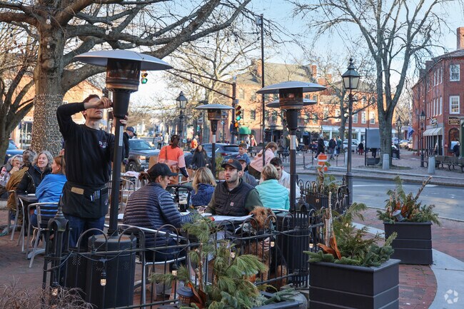 The streets around Market Square in Newburyport are bustling with outdoor dining options.