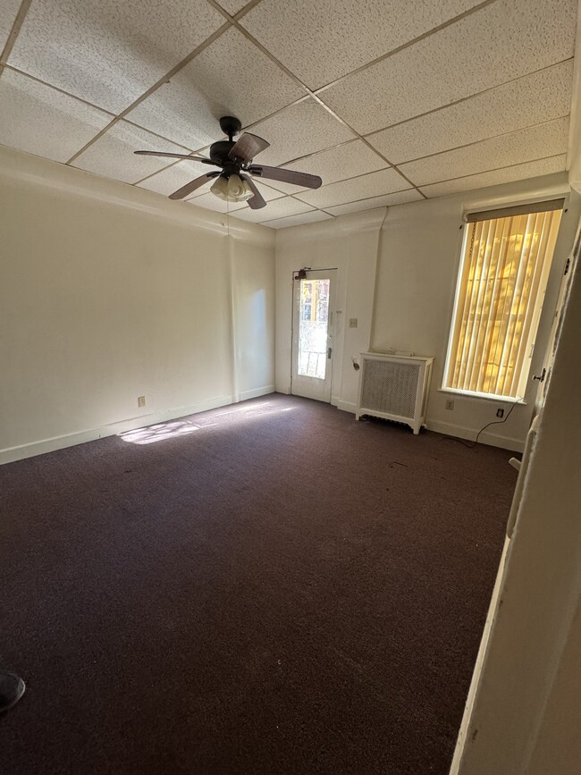 Livingroom showing front door & Ceiling Fan