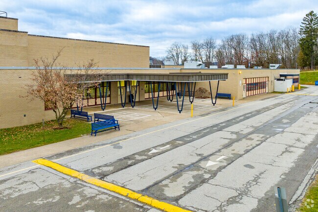 The back entrance to Franklin Regional Middle School has a large covered patio.