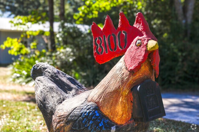 A protective red rooster covering a mailbox in a Summerfield neighborhood.