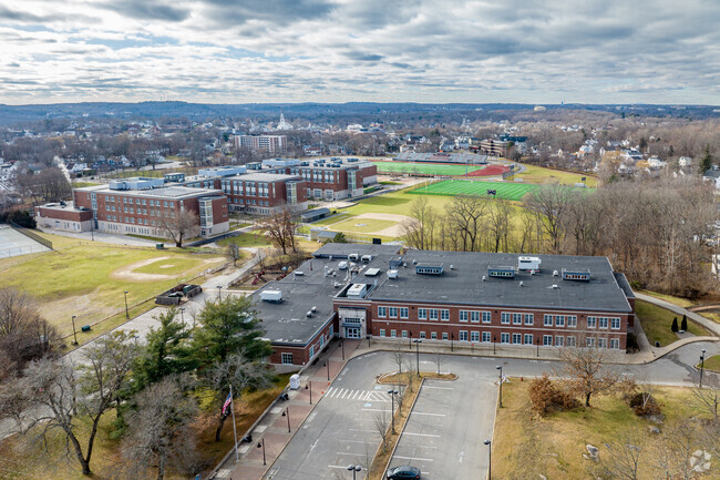 An aerial overview of the Malcolm White Elementary School in Woburn, MA.