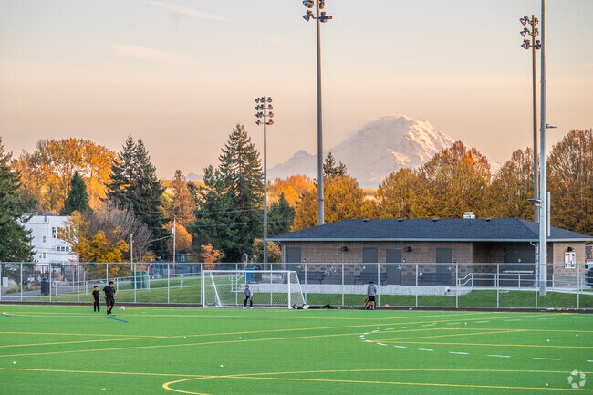 Highline High School for 5 Corner students has athletic fields with views of Mount Rainier.