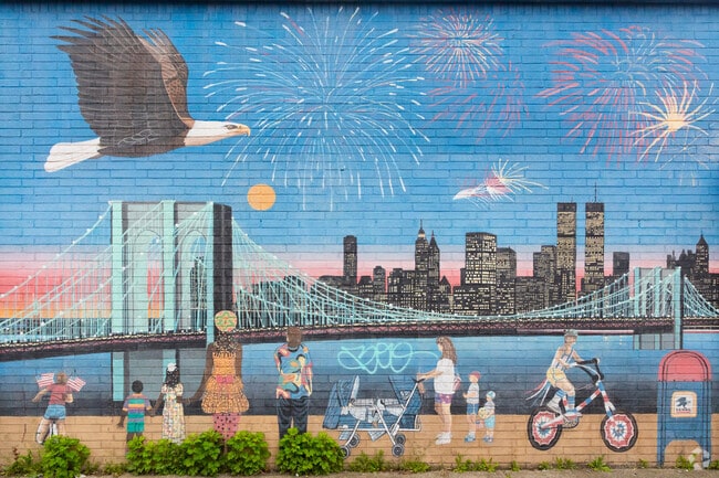 Mural in Flatlands depicting a view of the Brooklyn Bridge and Manhattan.