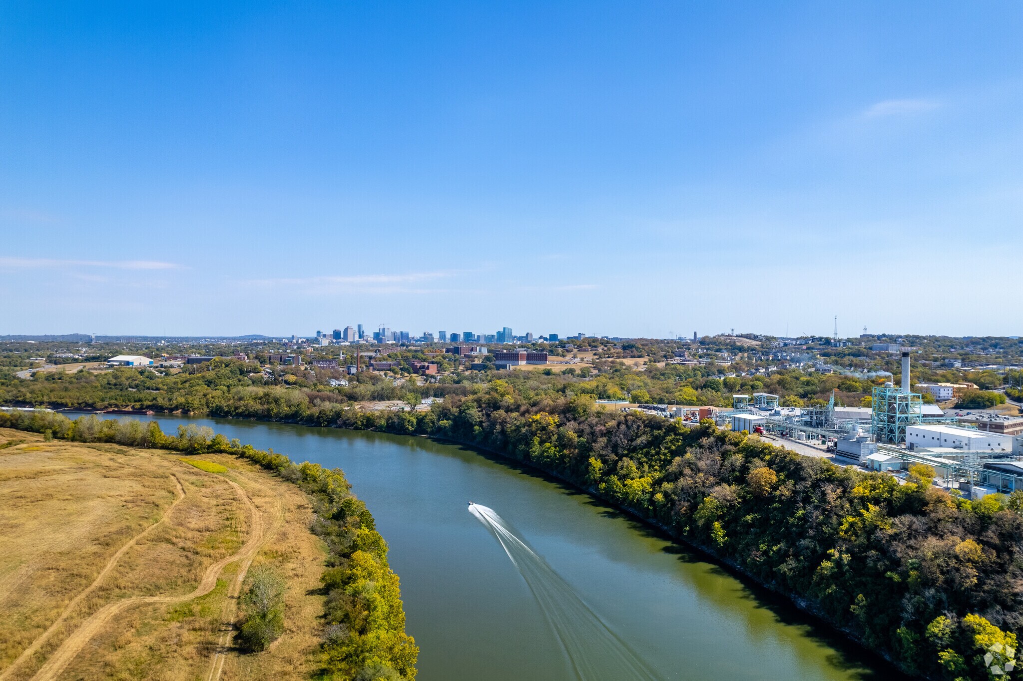 Cumberland River overlooking The Nations neighborhood in Nashville, Tennessee.