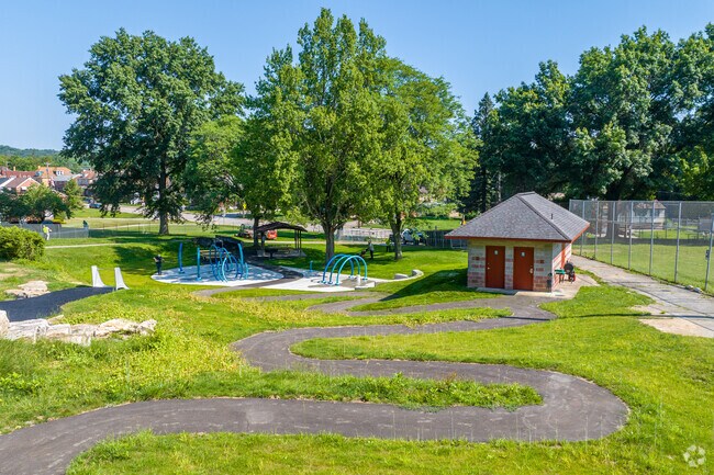 Following the winding path at Chartiers Playground to find the park pavillion.