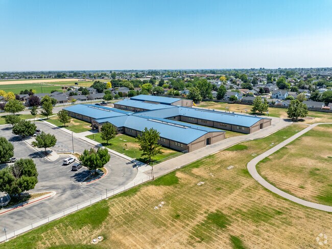 Aerial context east at Lewis and Clark Elementary.