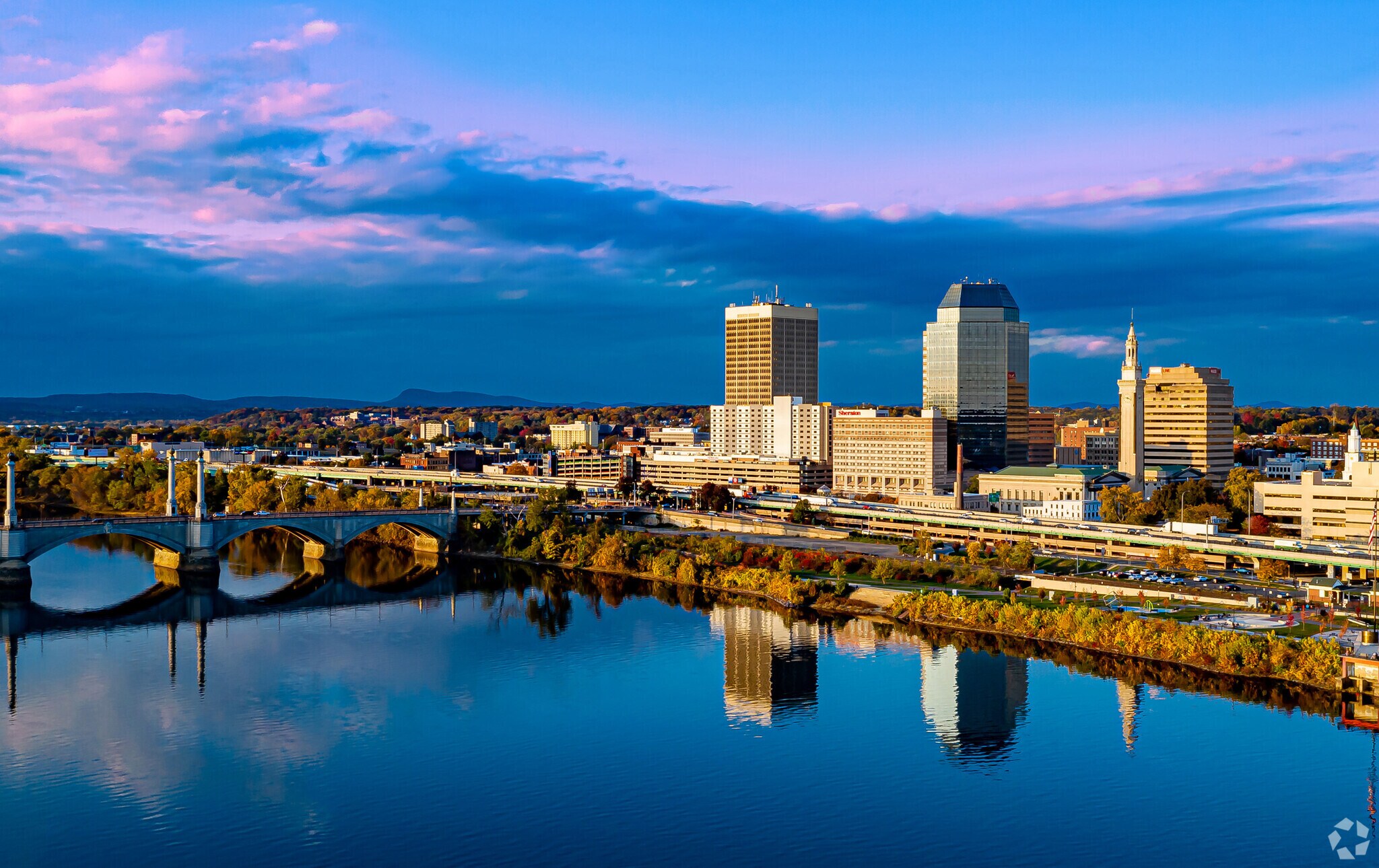 Connecticut River runs along Downtown Springfield neighborhood.