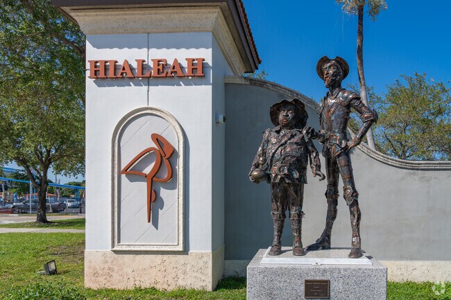 Hialeah Acres displays Don Quixote and Sancho Panza to represent the spirit of noble struggle and the Cuban cultural pride.