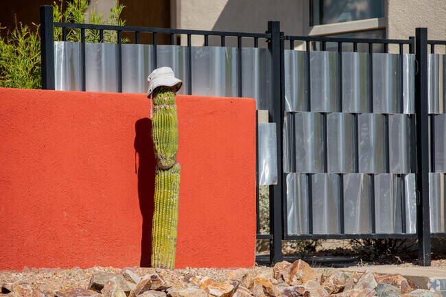 Civano residents display quirky art and decor, such as a cactus wearing a hat for shade.