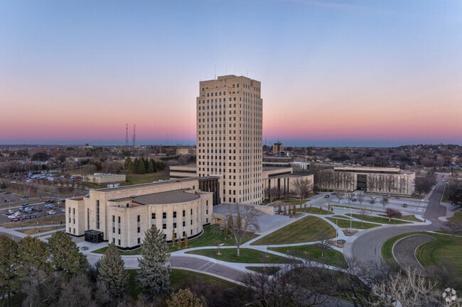 Downtown Bismarck is located near the prominent North Dakota Capital Building.