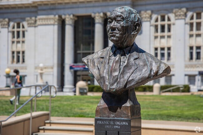 Uptown's Frank Ogawa Plaza features a bust portraying the namesake of the park.