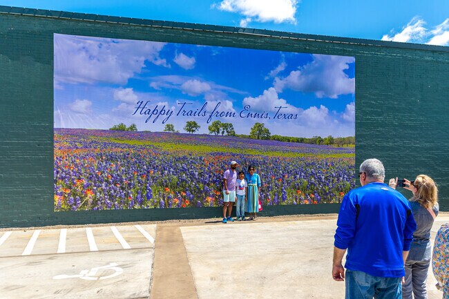 A huge mural of beautiful bluebonnets stands in downtown Ennis, where both residents and visitors love taking photos in front of it.
