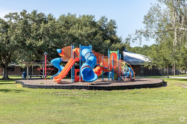 Lakeview Elementary School playground is large with many obstacles.