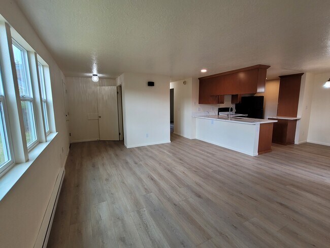 Entry closet, lots of natural light in living room.