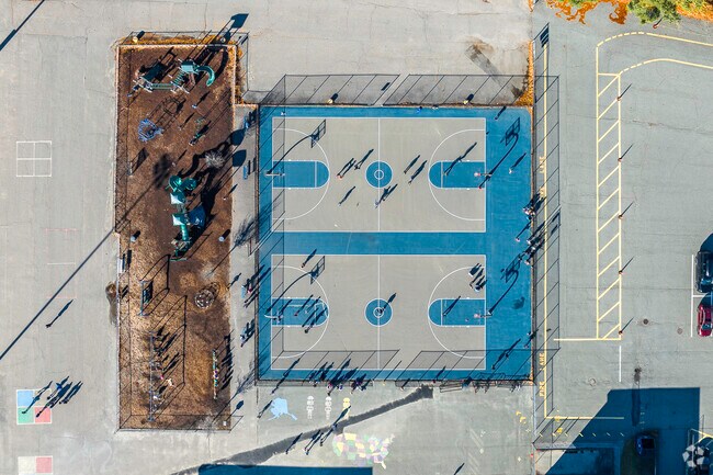 An aerial top-down view of the basketball court at John F. Kennedy Elementary School in Canton.