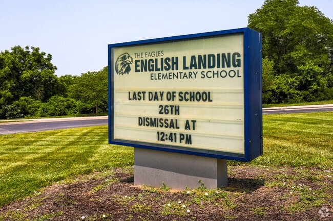 English Landing Elementary School sign welcomes students to the school.