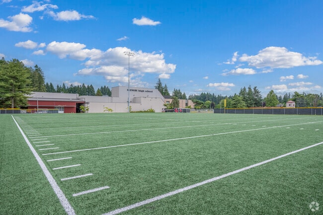 Green football fields at Glencoe High School in Hillsboro, Oregon.