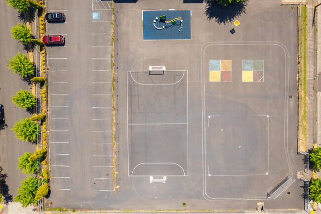 looking down on the futsal blacktop play ground at the Woodlawn K-5 School.