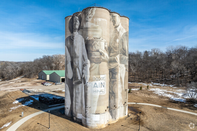 The famous mural by Guido van Helten covers old silos along the Des Moines River in Fort Dodge.