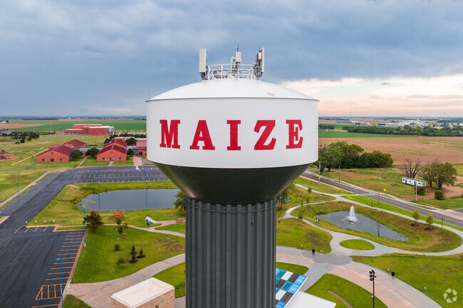 This water tower stands tall to proclaim the city of Maize.