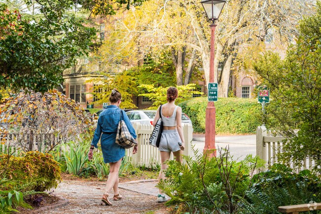 Gardens in full bloom as students pass through in Williamsburg.