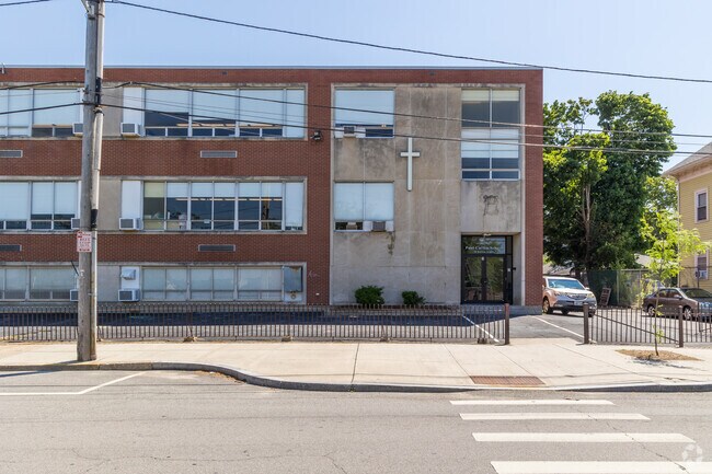 Street view of Paul Cuffee Middle School in West End, Providence.