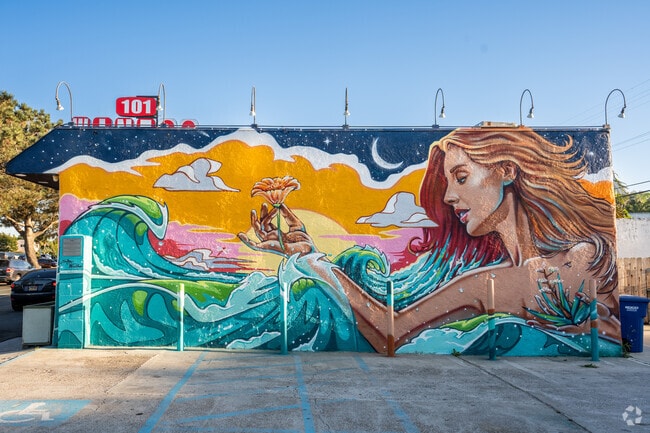 Colorful murals painted by locals add artistic flair throughout Leucadia.